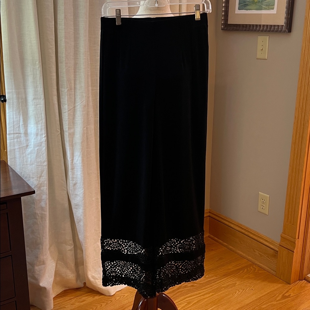 Chico's Black Floor Length Travelers Pants with wide Lace hem!